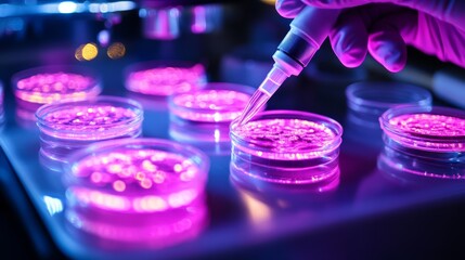 Futuristic laboratory scene with illuminated petri dishes containing luminescent stem cells, researcher's hand visible manipulating micropipette, dramatic lighting highlighting cellular therapy