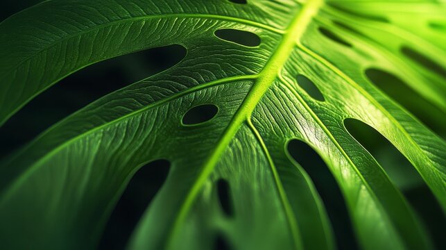 Ultra-detailed macro perspective of tropical monstera leaf surface showing perfect fractal venation patterns, textured epidermis with visible stomata, rich variations of green tones from chartreuse