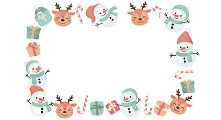 Festive Christmas frame with snowmen, reindeer, gifts, and candy canes.