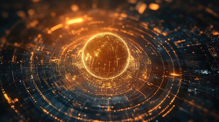 Digital sphere rotating, connecting global network data across futuristic circuits