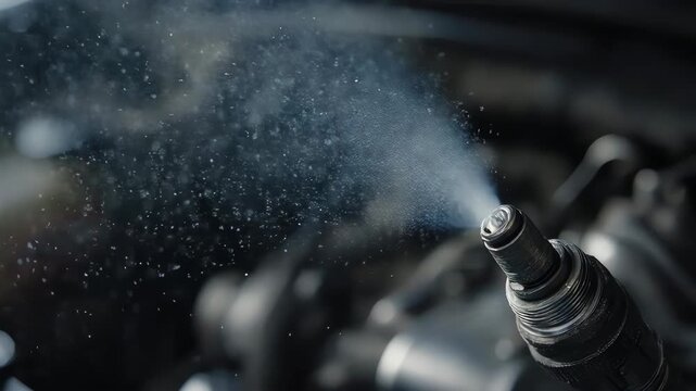 Close up of a car fuel injector spraying fuel into the engine.