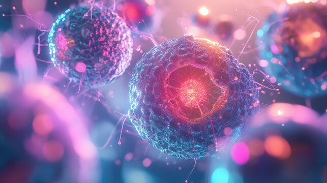 Glowing biological cells organizing in a microscopic network