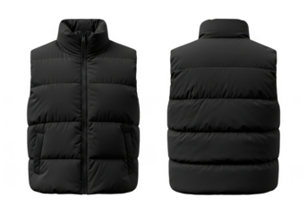 Black puffer vest front and back view isolated on transparent background