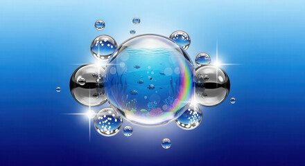 Vibrant underwater world captured within sparkling glass bubbles, showcasing marine life and aquatic wonder, perfect for nature and science themes.