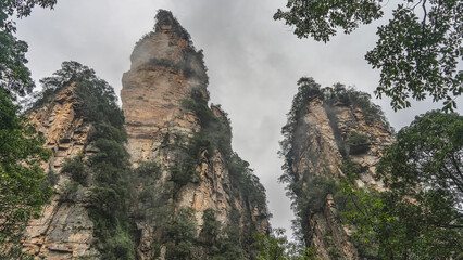 Bizarre sheer cliffs. Green vegetation on steep slopes. The tops and branches of trees against the sky and clouds. China. Golden Whip Brook.  Wulingyuan National Park.