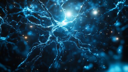 Macro perspective of signal transmission between multiple neurons, central focus on electrical impulse traveling along myelinated axon, surrounding dendrites creating intricate web-like patterns,
