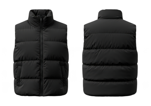 Black puffer vest front and back view isolated on transparent background