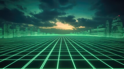 Futuristic city skyline with glowing neon grid landscape