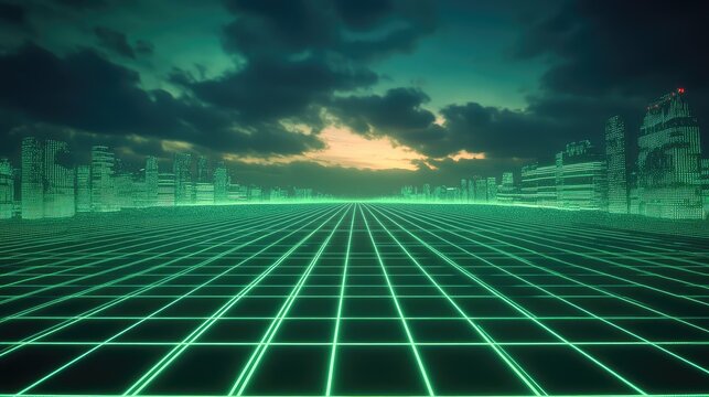 Futuristic city skyline with glowing neon grid landscape