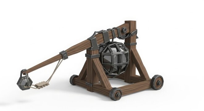 Ancient Wooden Catapult with Metal Ball on White Background.