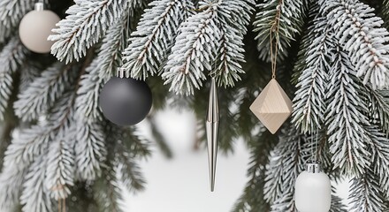 Decorating Evergreen Tree with Ornamental Spheres and Shapes for the Winter Holidays