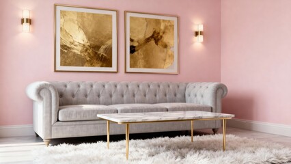 Elegant pastel pink living room with tufted velvet sofa, gold accents, marble coffee table, and luxurious fluffy white rug