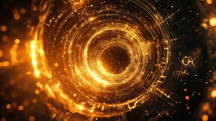 Digital data stream flowing through a golden tunnel