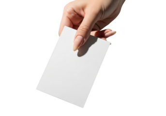Hand holding a blank white card isolated on transparent background