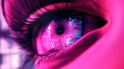 Cyberpunk eye reflecting digital circuit board technology