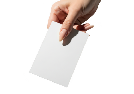 Hand holding a blank white card isolated on transparent background - Powered by Adobe