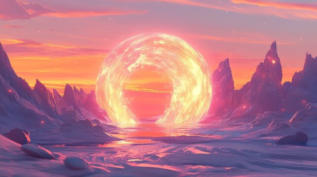 Fantasy alien world glowing portal in mountainous landscape