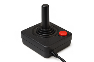 Black retro video game joystick with a red button, symbolizing classic arcade gaming, technology, and entertainment. Transparent background