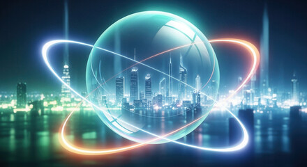 Futuristic cityscape encased in luminous sphere with glowing orbital rings representing global connectivity and innovation