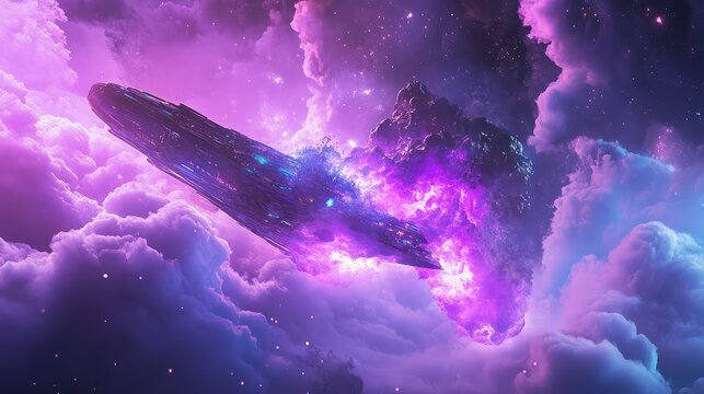 Spaceship flying through cosmic purple nebula clouds with stars
