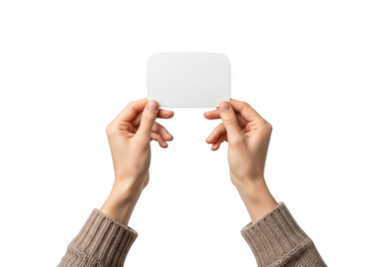 Hands holding a blank white card isolated on transparent background