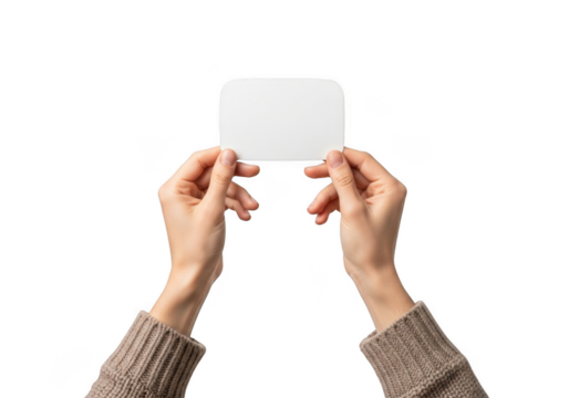 Hands holding a blank white card isolated on transparent background - Powered by Adobe