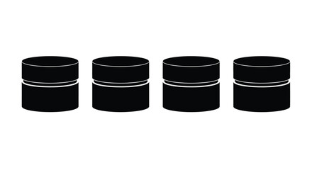 Four black cosmetic jars in a row