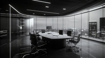 Modern corporate boardroom with cityscape view at night