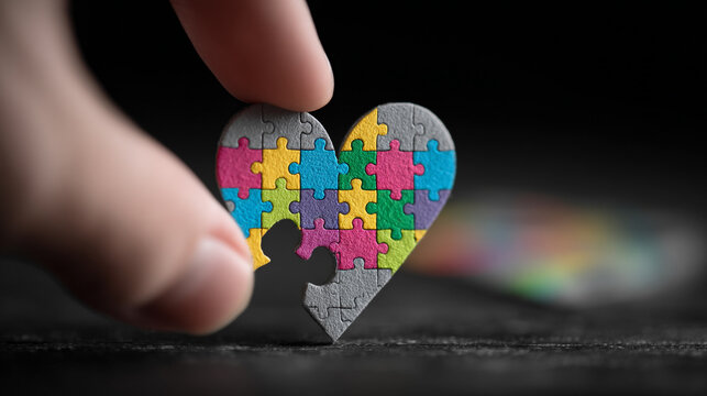 A hand completing a colorful heart shaped jigsaw puzzle piece.
