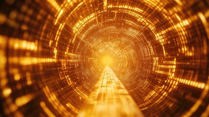 Digital data stream passing through a golden futuristic tunnel