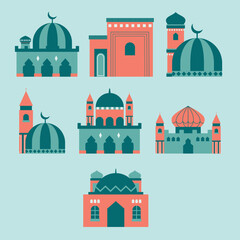 The image showcases a set of stylized Islamic mosques in a flat design style. The mosques feature a color palette of coral, teal, and soft green against a pale blue background.