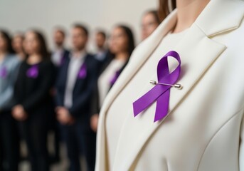 A woman in a white blazer wears a purple awareness ribbon on her chest, with a blurred group of people in the background also wearing the ribbon, signifying collective support and awareness