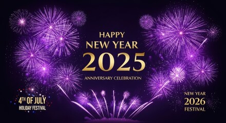 Vibrant purple fireworks celebrate the arrival of 2025