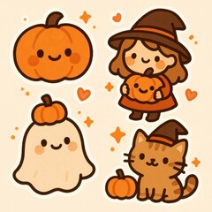Fototapeta premium Cute Halloween sticker characters showing closeness and unity playful design with friendly faces cozy colors and crisp die cut contours perfect for seasonal crafts and merch