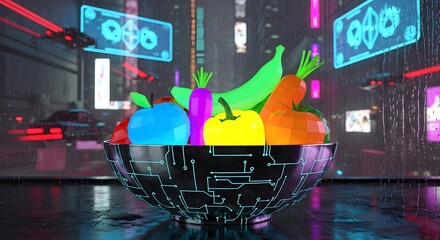 Low-Poly Fruit Bowl in Rainy Cyberpunk Cityscape with Neon Lights