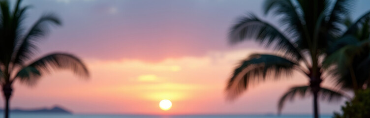 Golden hour sunset over tropical beach, palm silhouettes frame calm ocean horizon, soft clouds glowing. Travel banner with copy space. Vacation and relaxation mood.