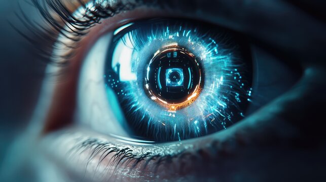 Close up bionic eye displaying futuristic digital interface