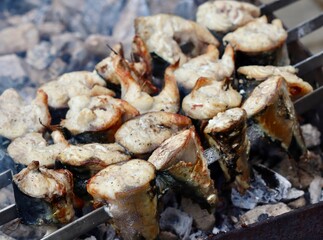 Grilled pieces of mackerel on skewers cooking over hot charcoal, with smoke rising.