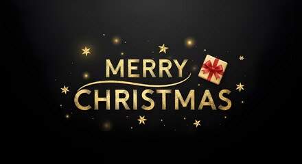 Merry christmas golden glitter text with gift box and stars on dark background for festive holiday greeting card and banner design