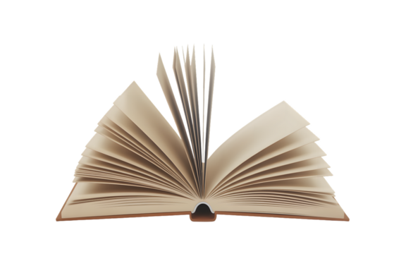 An open antique book with pages fanning out against a black background