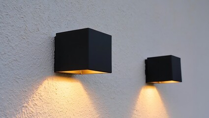 Modern outdoor wall lights cast warm glow on textured exterior facade, enhancing security, ambience, and architectural appeal with sleek minimalist lighting design for various applications.