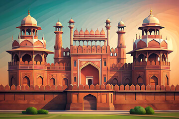 Clean geometric illustration of Red Fort, muted earthy palette, modern minimal architecture style