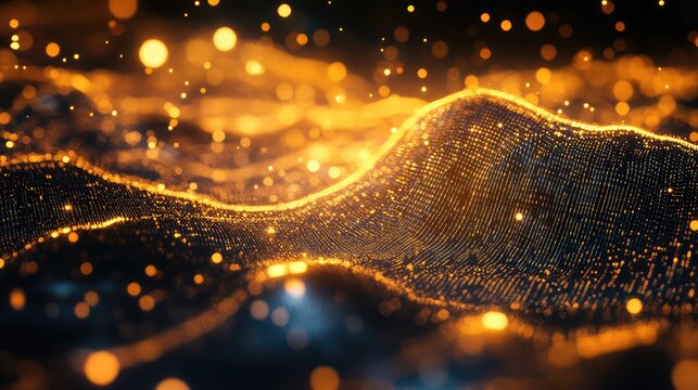 Gold digital wave flowing particles data network background