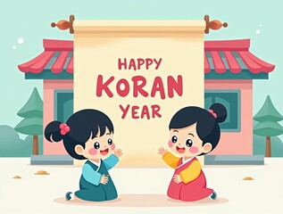 Two cute cartoon girls in traditional korean hanbok celebrating korean new year