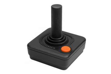 Black retro joystick featuring an orange action button, representing classic video game consoles and nostalgic 80s entertainment