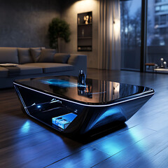 Futuristic Glass Coffee Table with Digital Display and Sleek Sci-Fi LED Design