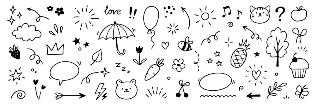 Line cute element set. Hand drawn scribble heart, arrow, flower and star elements for a cute line simple background. Doodle sketch heart, star, cloud sticker shapes. Vector illustration