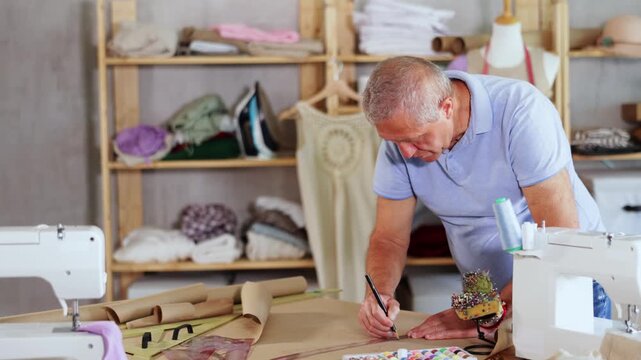  Elderly male tailor drawing pattern on paper in sewing workshop