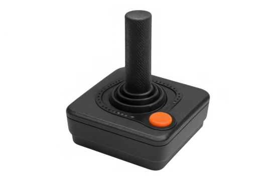 Black retro joystick featuring an orange action button, representing classic video game consoles and nostalgic 80s entertainment