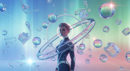 Striking woman in futuristic suit surrounded by iridescent abstract shapes, representing innovation and advanced technology.